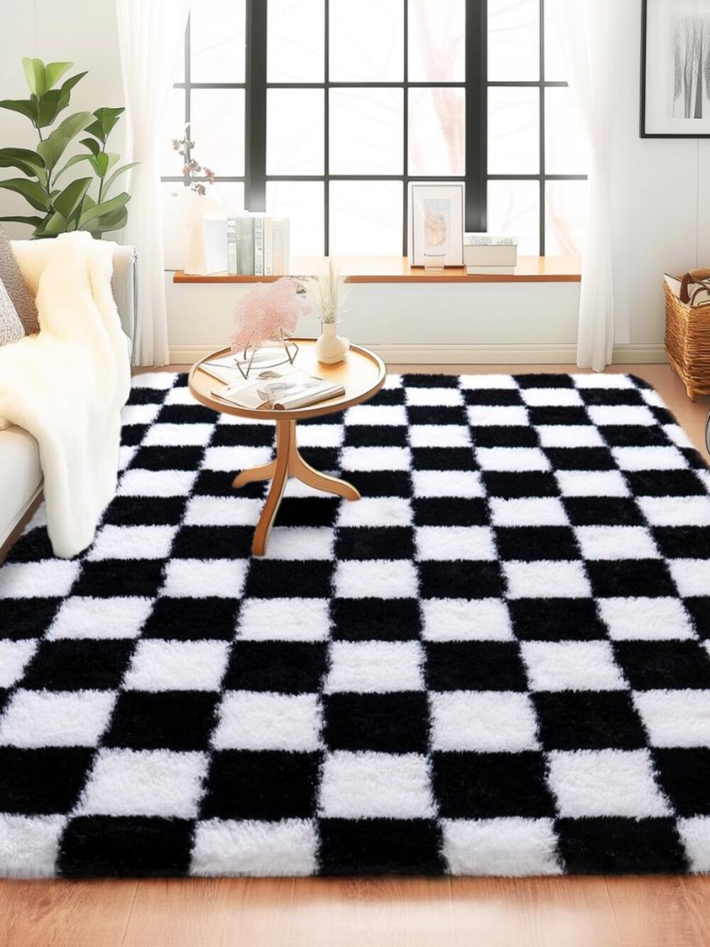 Black and White Checkered Rugs for Bedroom, 4x6 Ultra Fluffy Fuzzy Shag Area Rug